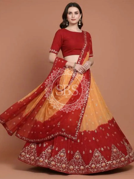 Pure Upada Silk double shade Lehenga with Bhandej and aari Tari work Peach & Red / Free Size