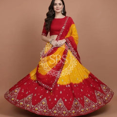 Pure Upada Silk double shade Lehenga with Bhandej and aari Tari work Yellow & Red / Free Size