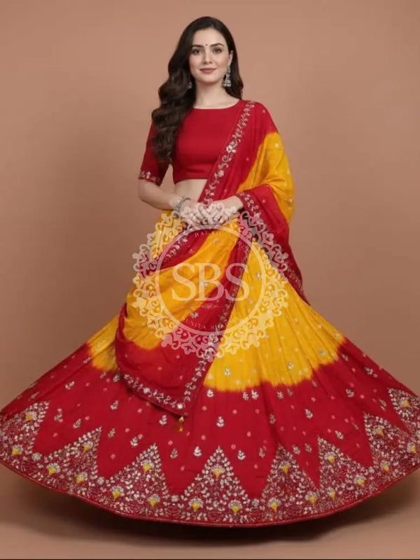 Pure Upada Silk double shade Lehenga with Bhandej and aari Tari work Yellow & Red / Free Size