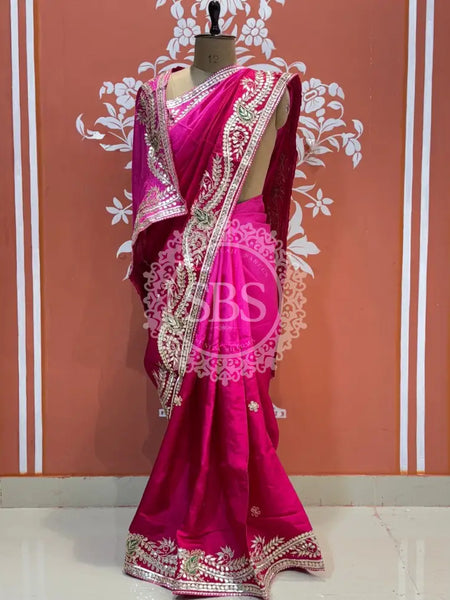 PURE UPADA SILK HANDWORK GOTA PATTI SAREE Pink / Free Size