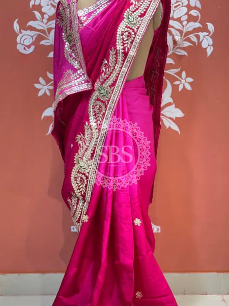PURE UPADA SILK HANDWORK GOTA PATTI SAREE Pink / Free Size