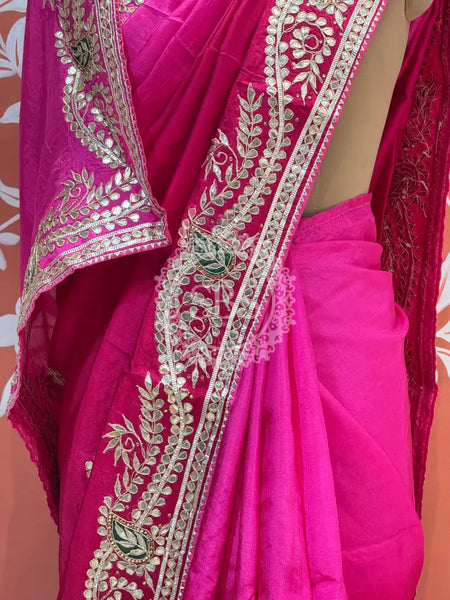 PURE UPADA SILK HANDWORK GOTA PATTI SAREE Pink / Free Size