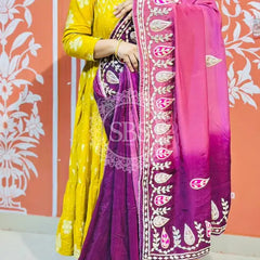 PURE UPADA SILK KACCHI PATTI SAREE BURGUNDY & PINK