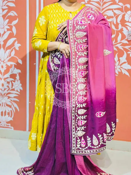 PURE UPADA SILK KACCHI PATTI SAREE BURGUNDY & PINK