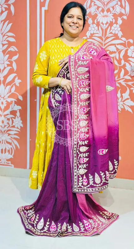 PURE UPADA SILK KACCHI PATTI SAREE BURGUNDY & PINK