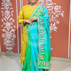 PURE UPADA SILK KACCHI PATTI SAREE GREEN & SKY BLUE