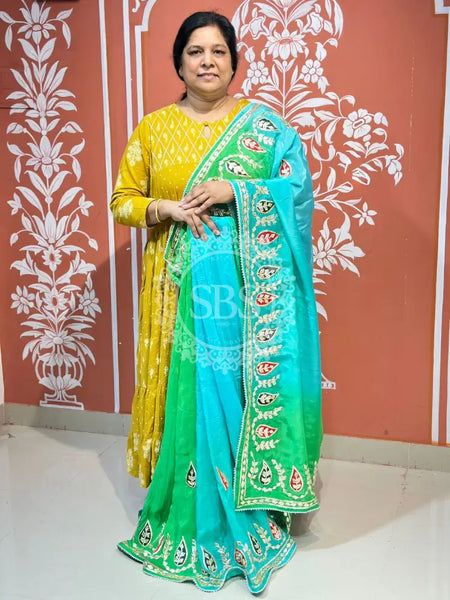 PURE UPADA SILK KACCHI PATTI SAREE GREEN & SKY BLUE