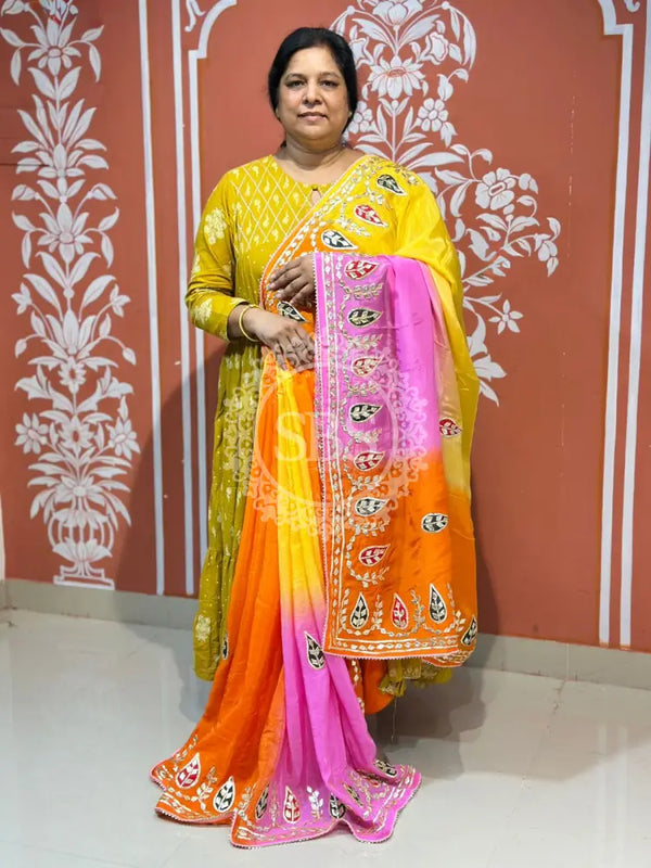 PURE UPADA SILK KACCHI PATTI SAREE LIGHT PINK, YELLOW & ORANGE