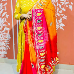 PURE UPADA SILK KACCHI PATTI SAREE ORANGE, YELLOW & PINK