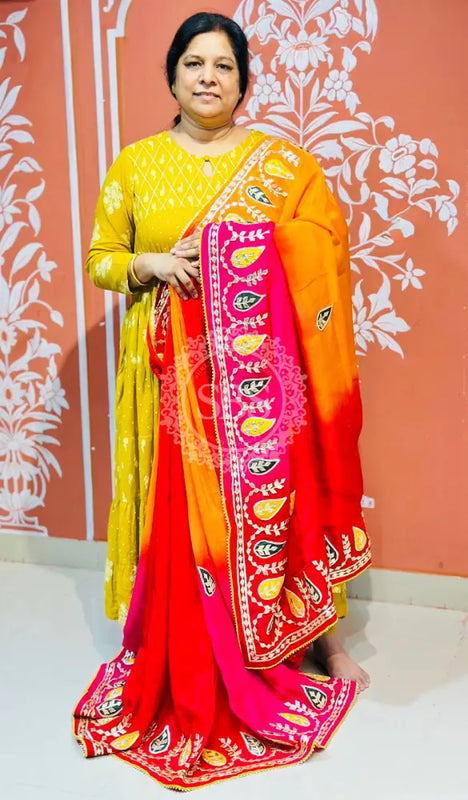 PURE UPADA SILK KACCHI PATTI SAREE ORANGE, YELLOW & PINK