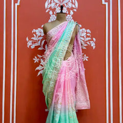 PURE UPADA SILK KACCHI PATTI SAREE Pink / Free Size