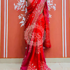 PURE UPADA SILK KACCHI PATTI SAREE Rani & Red / Free Size