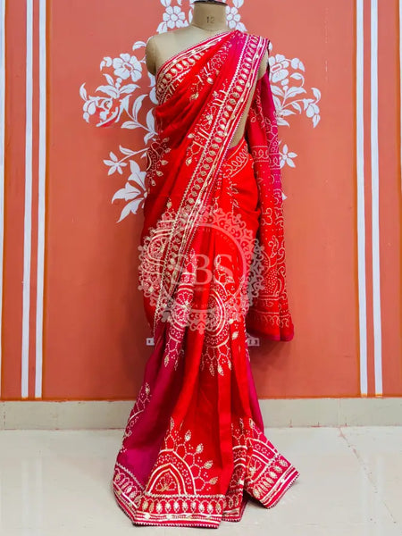 PURE UPADA SILK KACCHI PATTI SAREE Rani & Red / Free Size