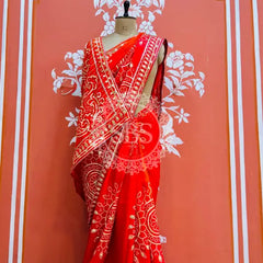 PURE UPADA SILK KACCHI PATTI SAREE Red / Free Size