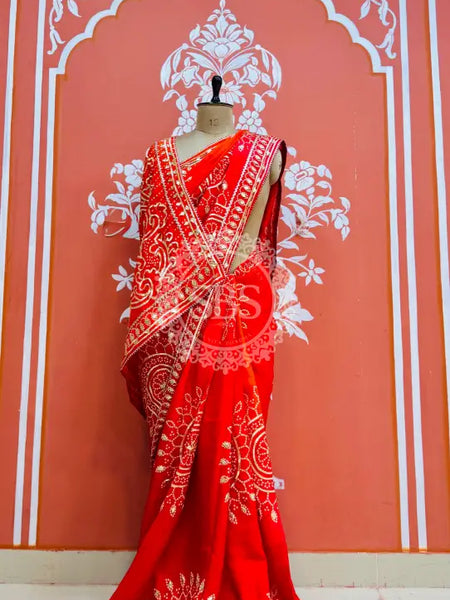 PURE UPADA SILK KACCHI PATTI SAREE Red / Free Size