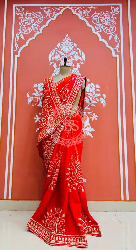 PURE UPADA SILK KACCHI PATTI SAREE Red / Free Size