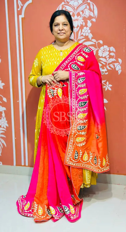 PURE UPADA SILK KACCHI PATTI SAREE RED, ORANGE & PINK