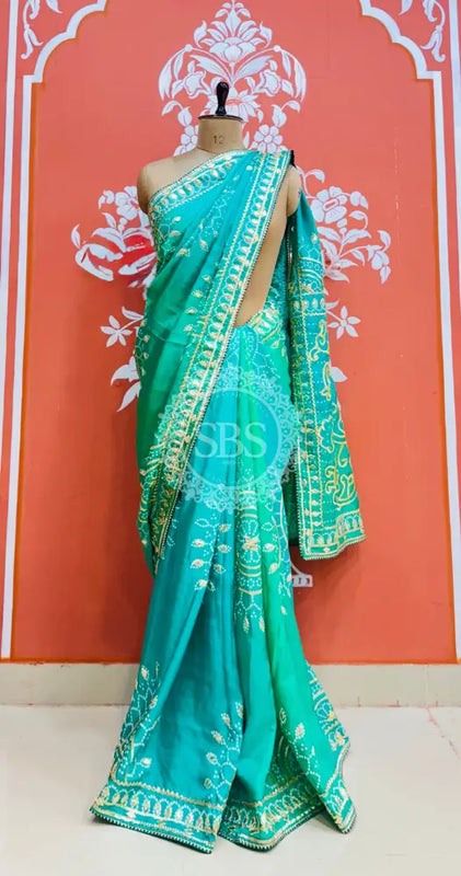 PURE UPADA SILK KACCHI PATTI SAREE Sky Blue / Free Size