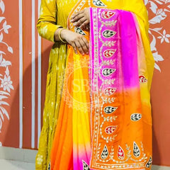 PURE UPADA SILK KACCHI PATTI SAREE YELLOW, PINK & ORANGE