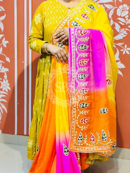 PURE UPADA SILK KACCHI PATTI SAREE YELLOW, PINK & ORANGE