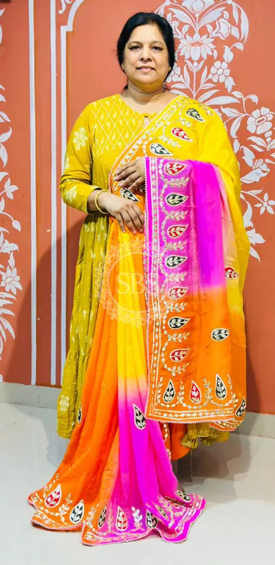 PURE UPADA SILK KACCHI PATTI SAREE YELLOW, PINK & ORANGE