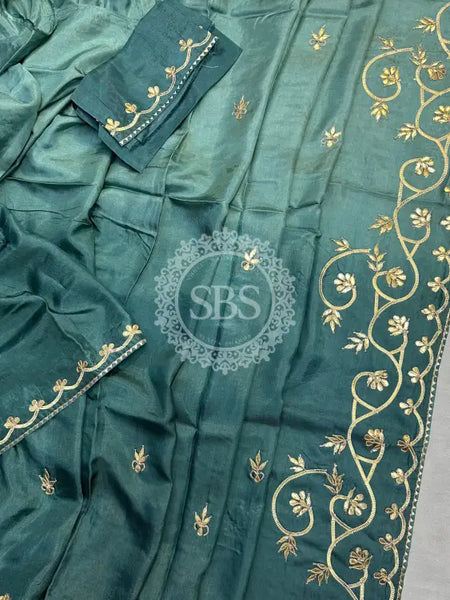 PURE UPADA SILK KACHI GOTA PATTI SAREE Blue / Free Size