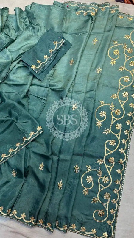 PURE UPADA SILK KACHI GOTA PATTI SAREE Blue / Free Size