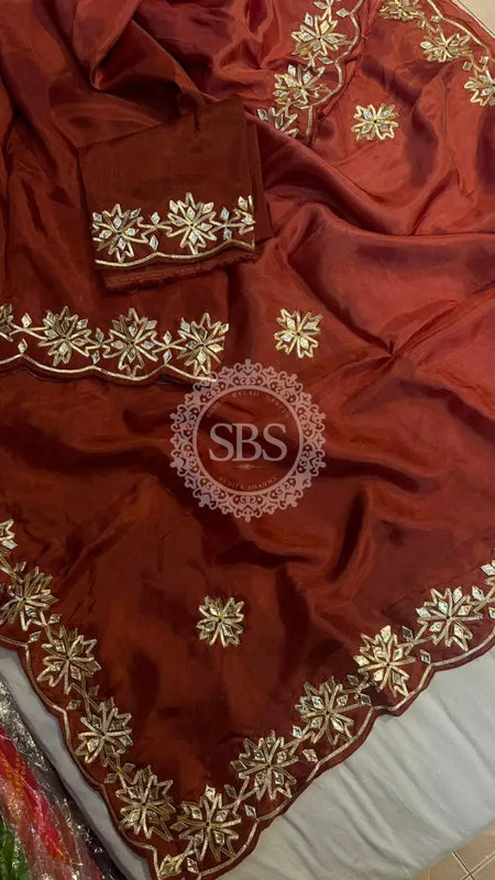 PURE UPADA SILK KACHI GOTA PATTI SAREE Brown / Free Size