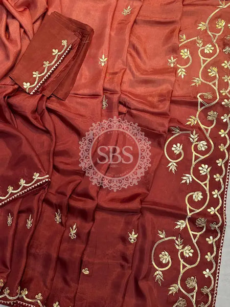 PURE UPADA SILK KACHI GOTA PATTI SAREE Brown / Free Size