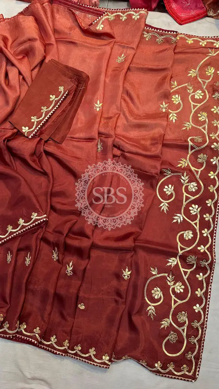 PURE UPADA SILK KACHI GOTA PATTI SAREE Brown / Free Size