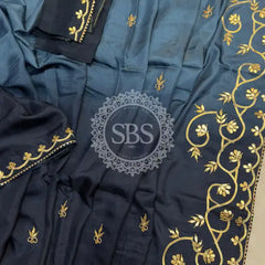 PURE UPADA SILK KACHI GOTA PATTI SAREE Dark Blue / Free Size