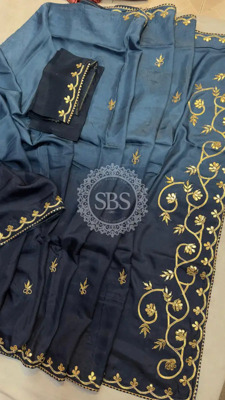 PURE UPADA SILK KACHI GOTA PATTI SAREE Dark Blue / Free Size