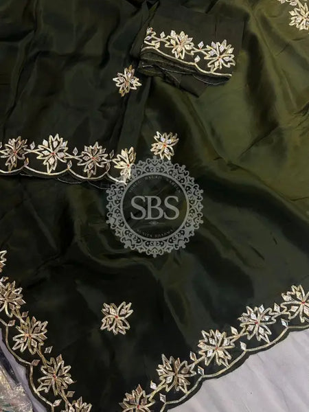 PURE UPADA SILK KACHI GOTA PATTI SAREE Green / Free Size
