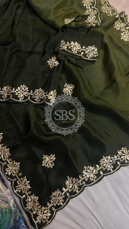 PURE UPADA SILK KACHI GOTA PATTI SAREE Green / Free Size