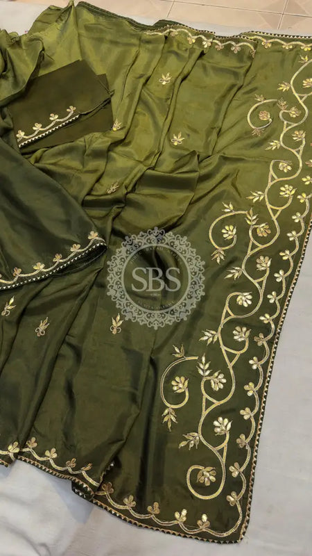 PURE UPADA SILK KACHI GOTA PATTI SAREE Green / Free Size