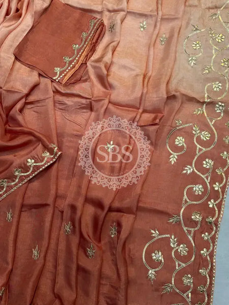 PURE UPADA SILK KACHI GOTA PATTI SAREE Peach / Free Size
