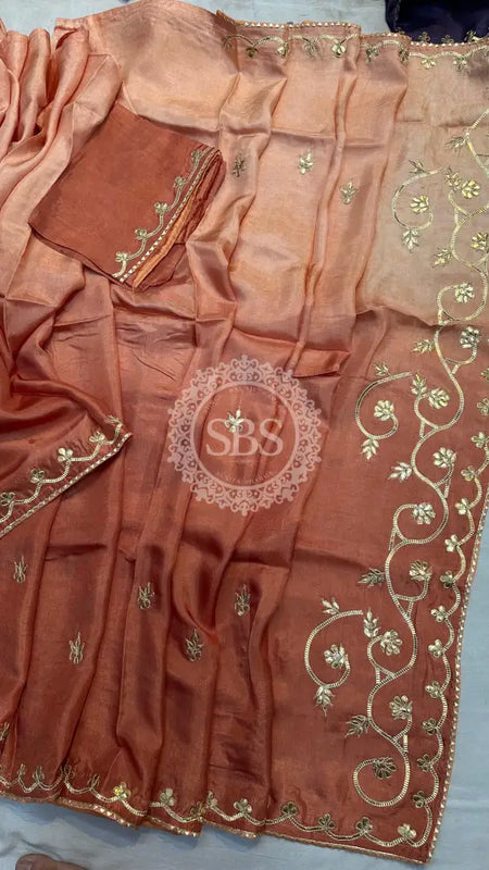 PURE UPADA SILK KACHI GOTA PATTI SAREE Peach / Free Size