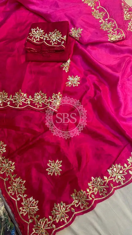 PURE UPADA SILK KACHI GOTA PATTI SAREE Pink / Free Size