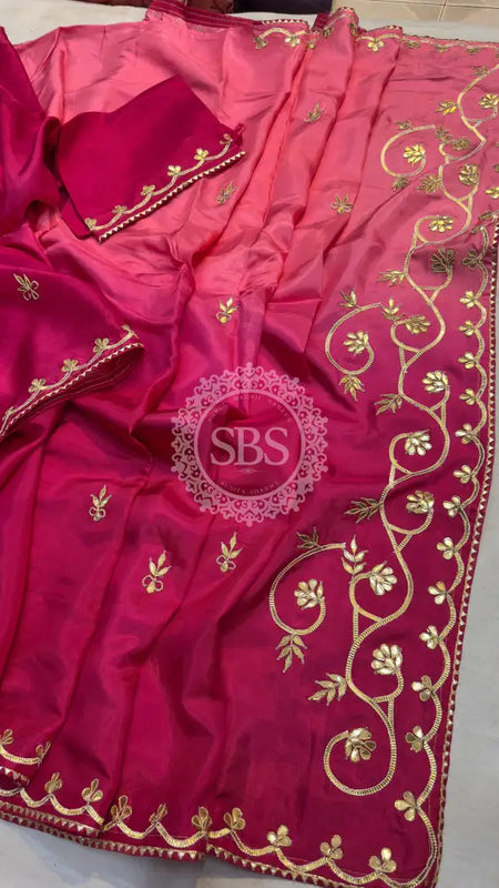 PURE UPADA SILK KACHI GOTA PATTI SAREE Pink / Free Size