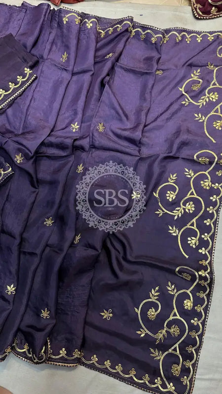 PURE UPADA SILK KACHI GOTA PATTI SAREE Purple / Free Size