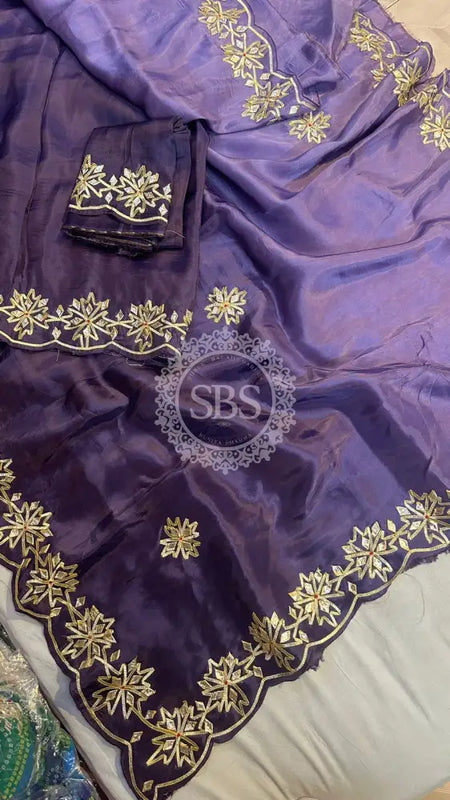 PURE UPADA SILK KACHI GOTA PATTI SAREE Purple / Free Size