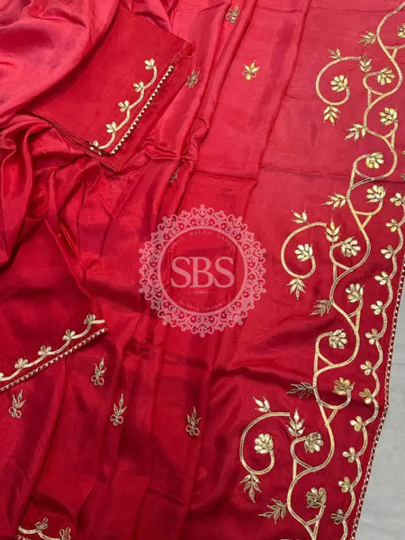 PURE UPADA SILK KACHI GOTA PATTI SAREE Red / Free Size