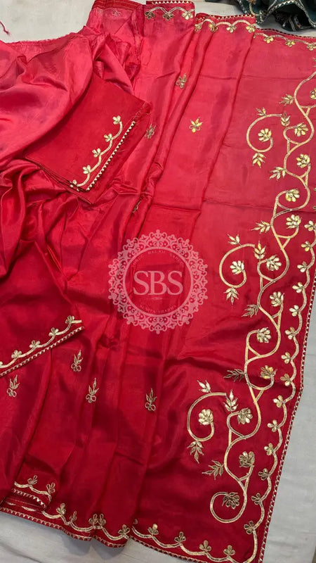 PURE UPADA SILK KACHI GOTA PATTI SAREE Red / Free Size