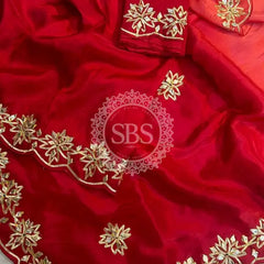 PURE UPADA SILK KACHI GOTA PATTI SAREE Red / Free Size