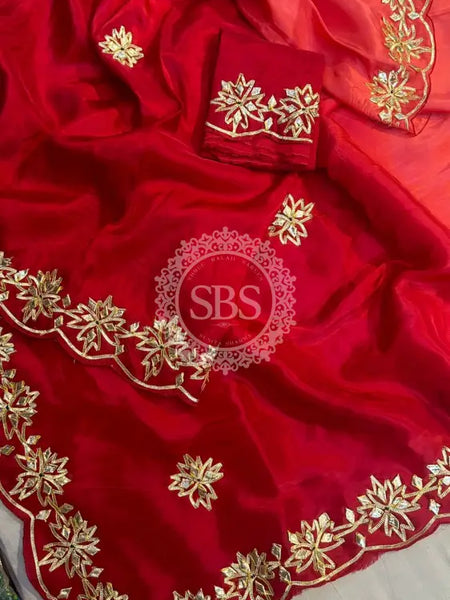 PURE UPADA SILK KACHI GOTA PATTI SAREE Red / Free Size