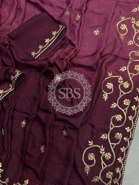 PURE UPADA SILK KACHI GOTA PATTI SAREE Wine / Free Size