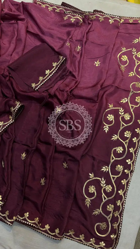 PURE UPADA SILK KACHI GOTA PATTI SAREE Wine / Free Size