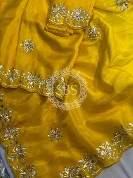 PURE UPADA SILK KACHI GOTA PATTI SAREE Yellow / Free Size