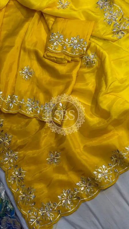 PURE UPADA SILK KACHI GOTA PATTI SAREE Yellow / Free Size