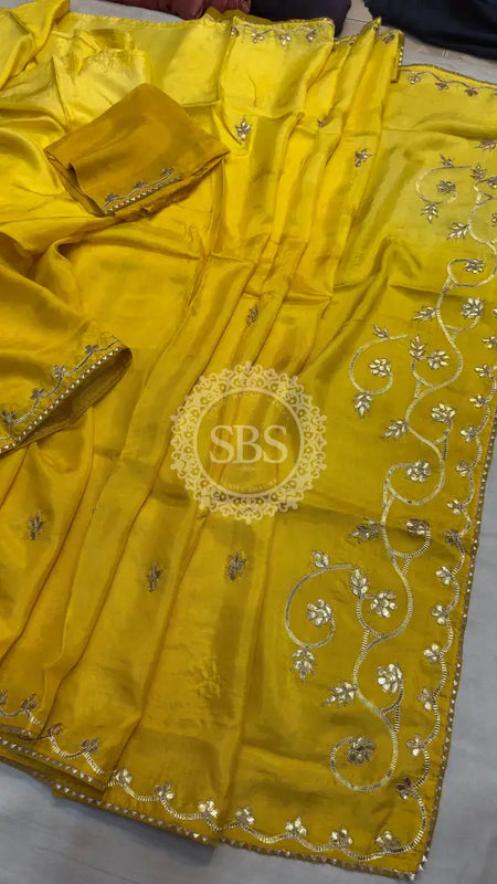 PURE UPADA SILK KACHI GOTA PATTI SAREE Yellow / Free Size